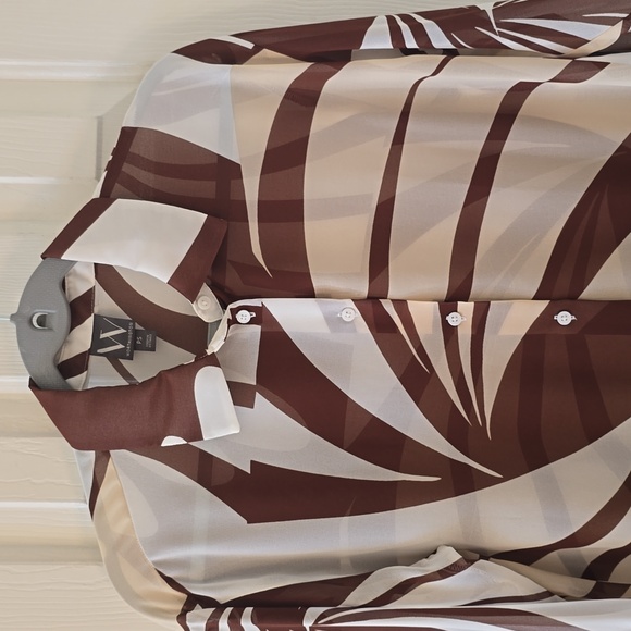 WORTHINGTON WOMEN'S BROWN & WHITE FRONT BUTTON LONG SLEEVE BLOUSE PETITE SMALL - Picture 1 of 16